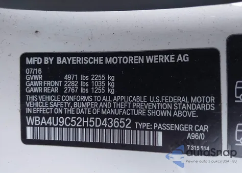 2017 BMW 430I xDrive z USA, uszkodzony, nr VIN WBA4U9C52H5D43652